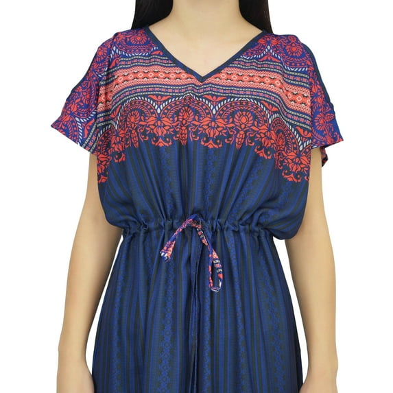 Bimba Women's Bohemian Drawstring Waist Dress Navy Blue Long Maxi Summer Wear-4