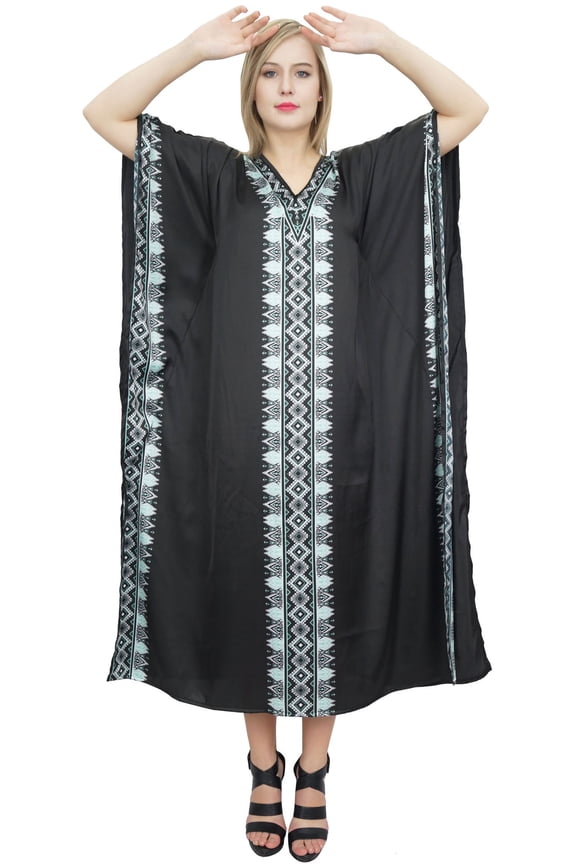 Women's Border Print Black Satin Kaftan Party Coverup Long Caftan Dress-4