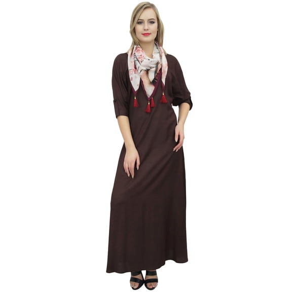 Bimba Women's Brown Long Maxi Dress With Tassel Scarf Designer Boho Dresses-12