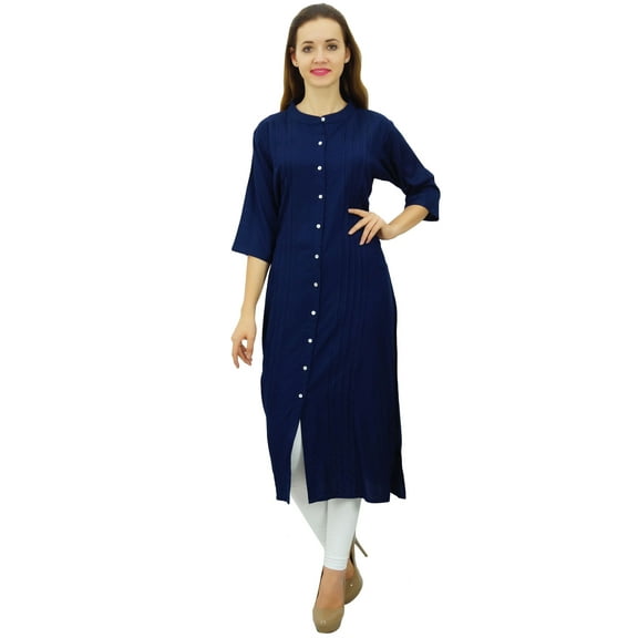 Bimba Women's Button Down Rayon Kurta Kurti Formal Straight Tunic Blouse 3/4 Sleeve , Navy Blue, 22
