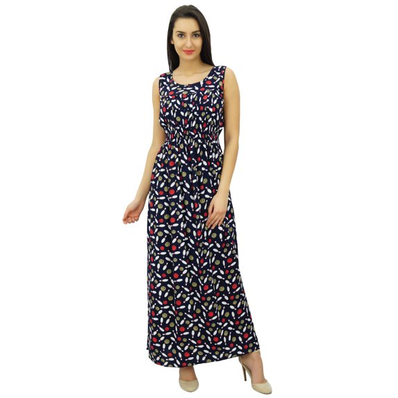 Bimba Women's Casual Bowling Print Round Neck Elastic Waist Maxi Summer Dress