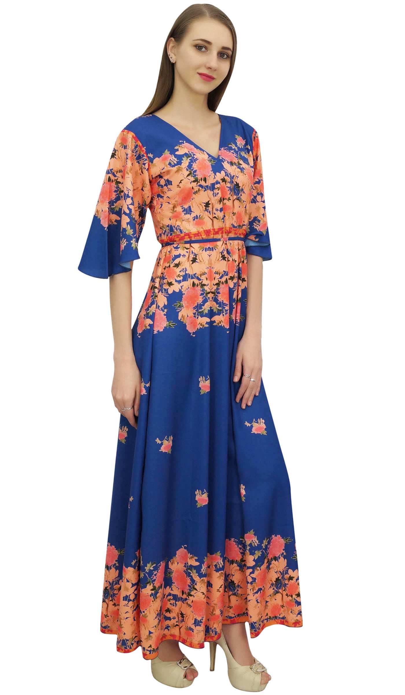 Bimba Women's Casual Floral Digital Printed Peach Long Moss Georgette Dress-14 