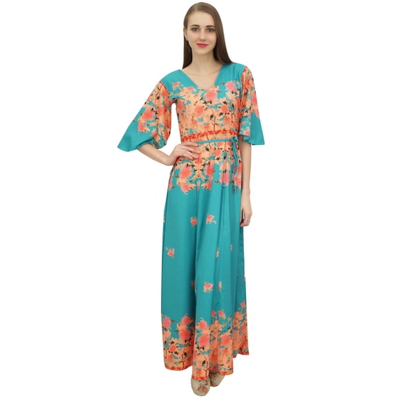 Bimba Women's Casual Floral Digital Printed Green Long Moss Georgette Dress-14