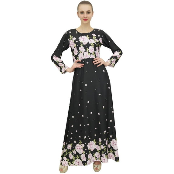 Bimba Women's Casual Floral Digital Printed Long Black Maxi Designer Dress-14