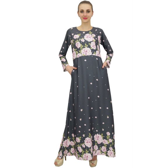 Bimba Women's Casual Floral Digital Printed Long Gray Maxi Designer Dress-12