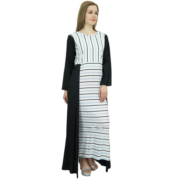Bimba Women's Casual Full Sleeves Black & White Full Length Asymmetrical Hem Dress - 8