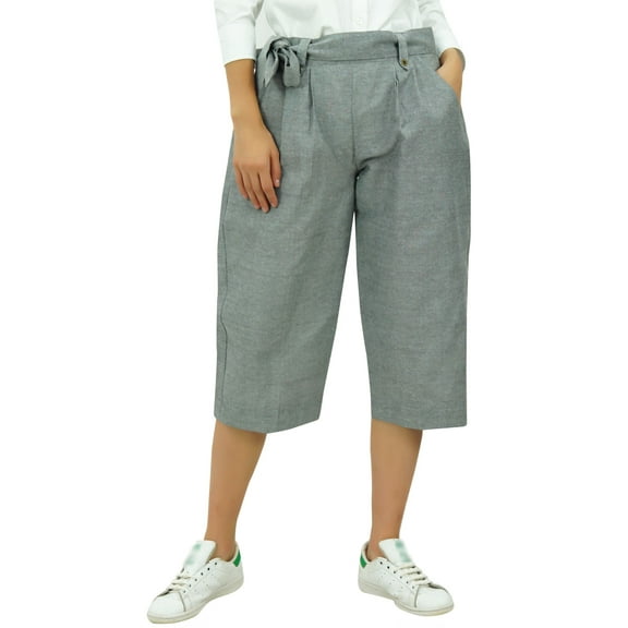 Bimba Women's Casual Linen Culotte Capri Pants With Back Elastic Waist & Belt Gray - Small