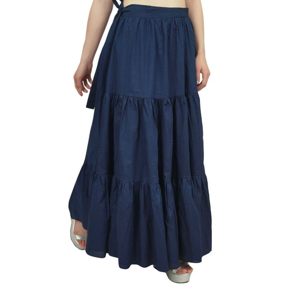Bimba Women's Casual Wear Solid Crinkle Tiered Cotton Wrap Skirt- Navy Blue