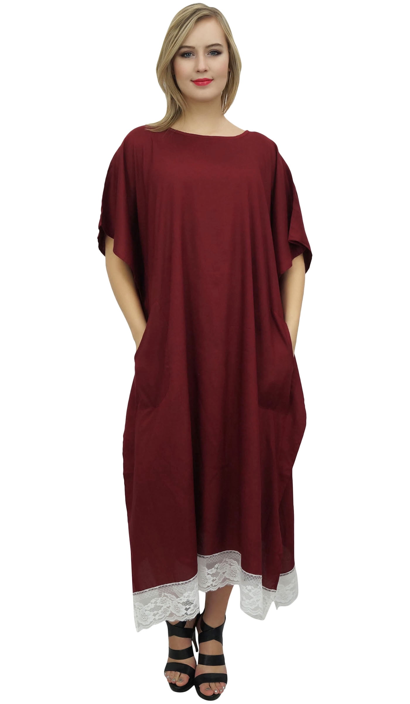 Bimba Women's Boho Long Kaftan Coverup - Rayon, 52 Inches, With Pockets & Lace Hem