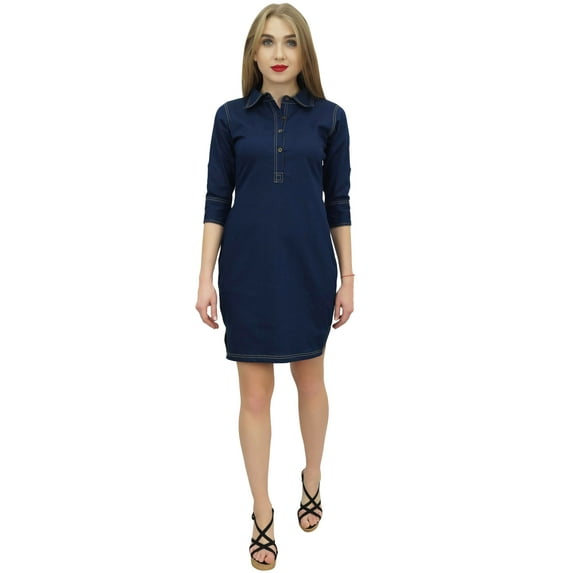 Bimba Women's Classic Collar Neck Denim Casual Dark Blue 3/4 Sleeve Dress - 6