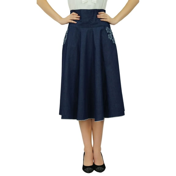 Bimba Women's Clissic Chic Knee Length a-line Denim Skirt High Waist Skirts