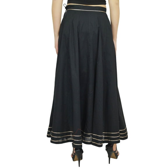 Bimba Women's Cotton Black Maxi Skirt Gota Design Drawstring Tassel Waist-S