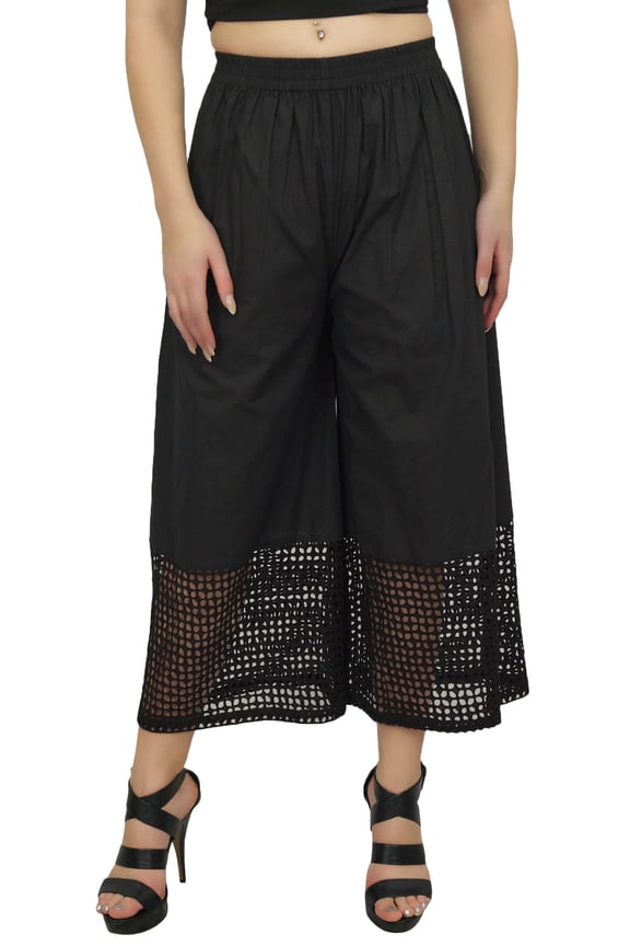 Women's Cotton Culottes Designer Black Palazzo Pants Elastic Waist-L