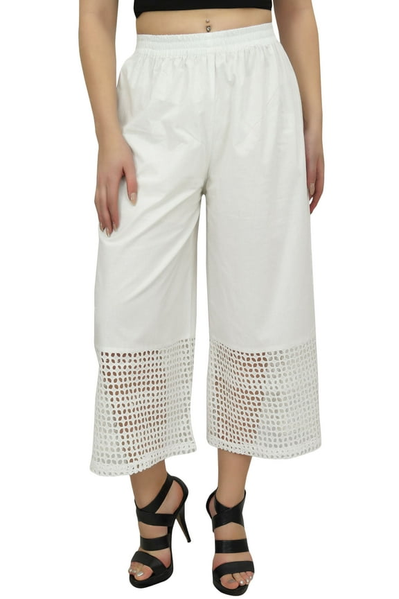 Women's Cotton Culottes Designer White Palazzo Pants Elastic Waist-M