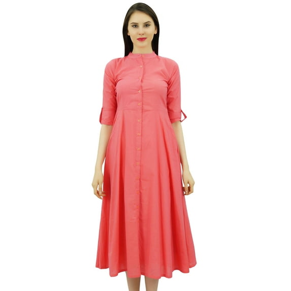 Bimba Women's Cotton Dress Roll Up Sleeves Mandarin Collar Button Down Mid-Calf Shirt Dress