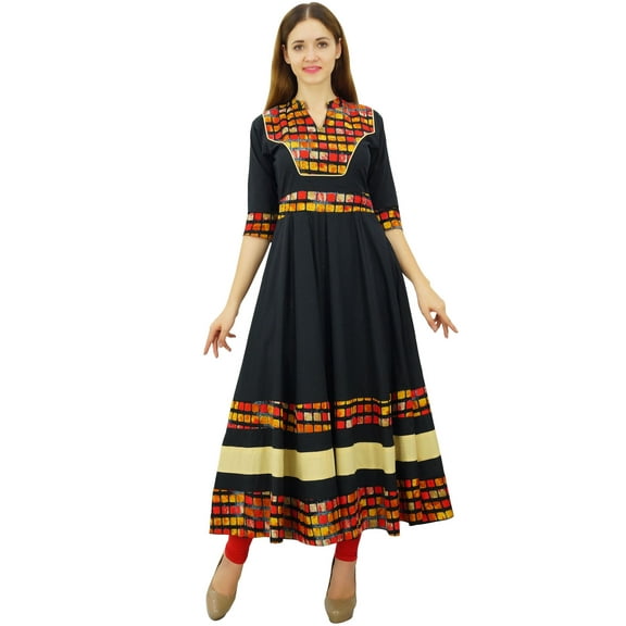 Bimba Women's Cotton Kurti Long Flared Anarkali Kurta 3/4 Sleeve Designer Indian Tunic, Black, 4