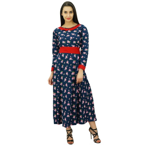 Bimba Women's Cotton Maxi Dresses Floral Print Round Neck Long Sleeve