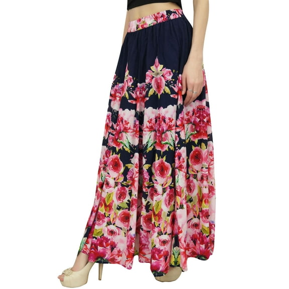 Bimba Women's Cotton Skirt Elastic Waist Navy Blue Floral Print Summer Skirts-XL