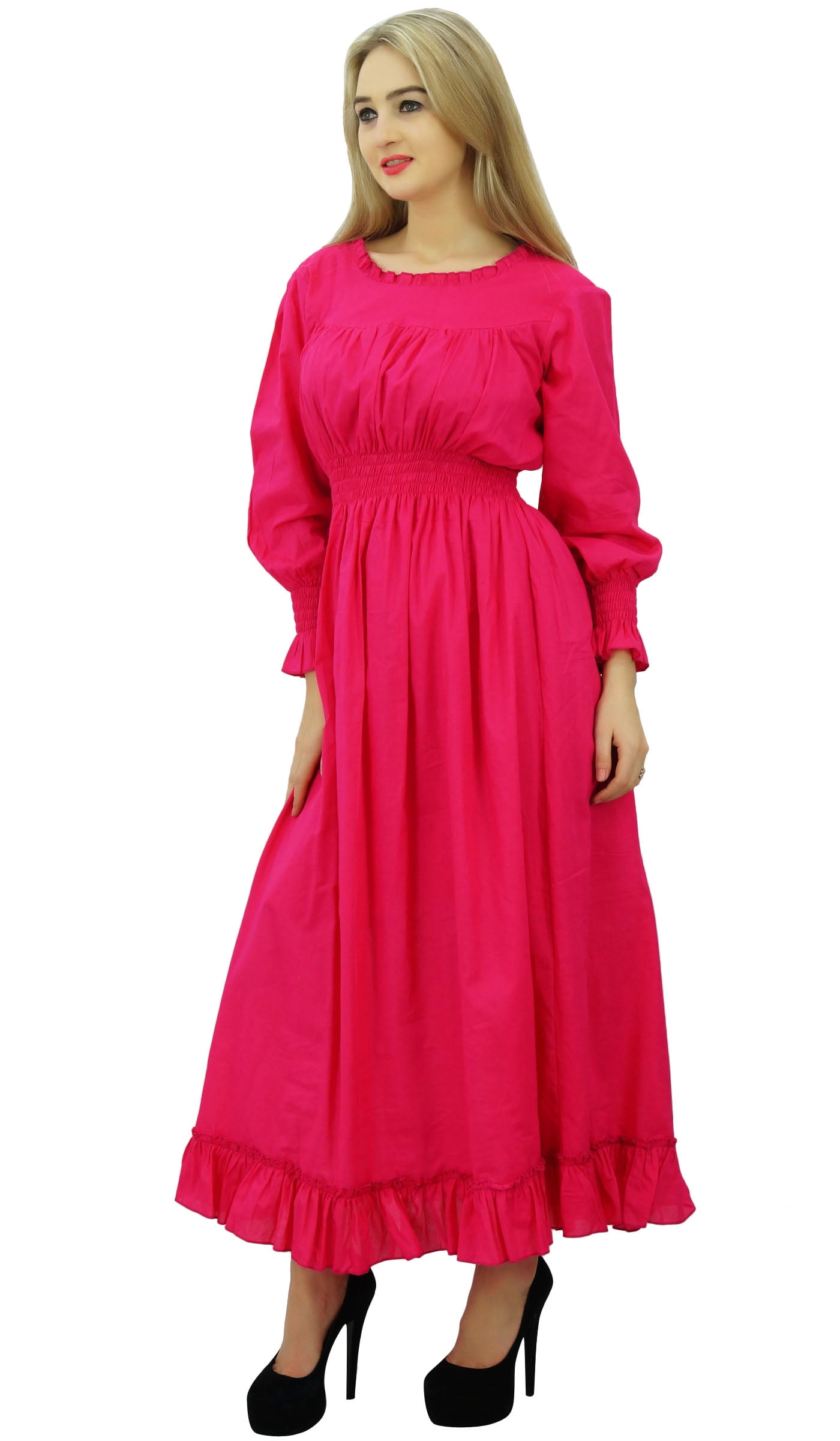 Bimba Women's Long Sleeve Smocked Maxi Dress – Cotton Boho Ruffle Dress