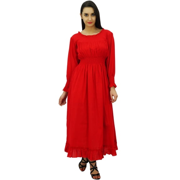 Bimba Women's Cotton Smocked Waist Long Casual Maxi Dress