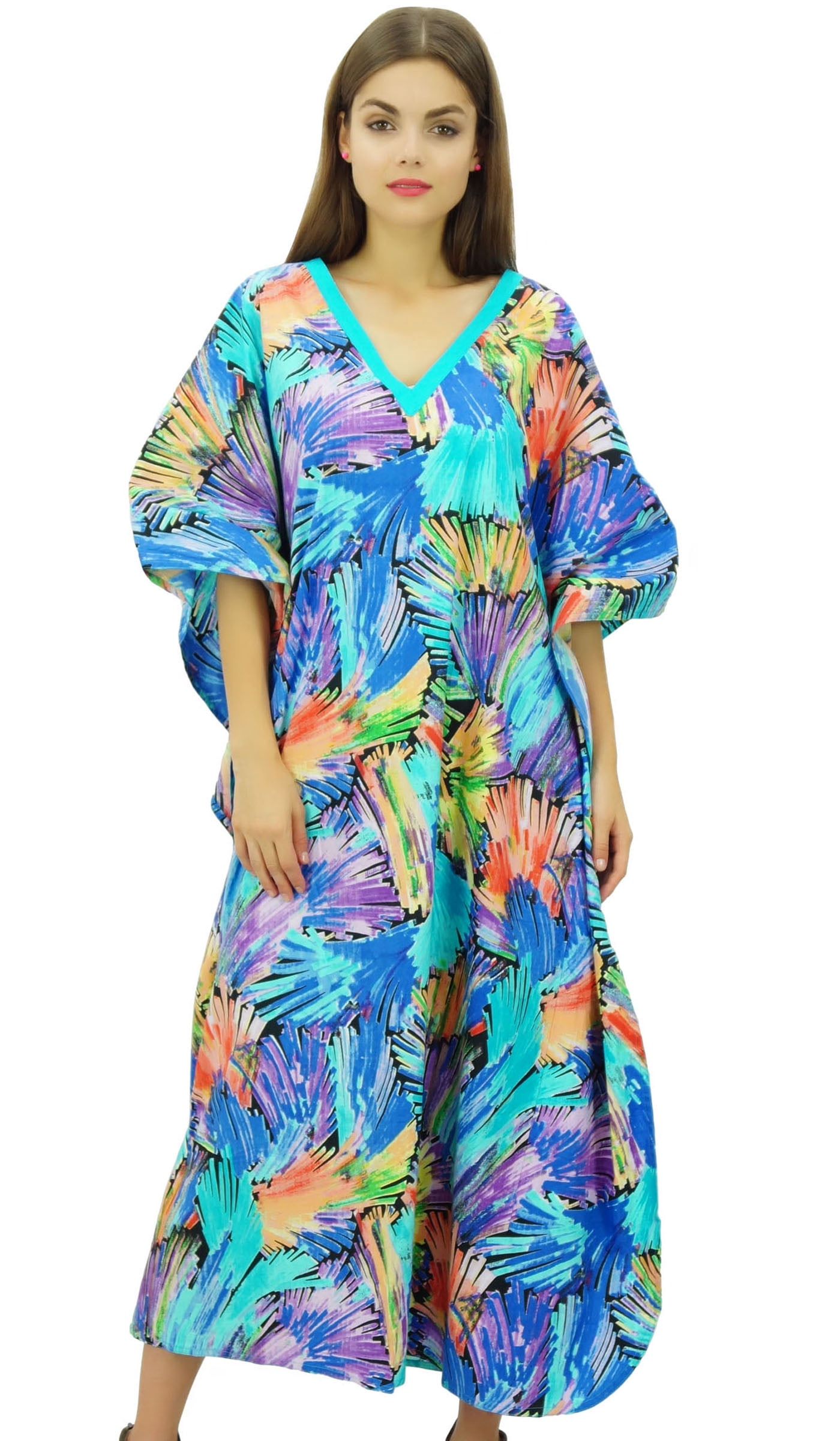 Bimba Women's Long Cotton Kaftan Kimono - Floral Print Lounge Robe With Drawstring Waist