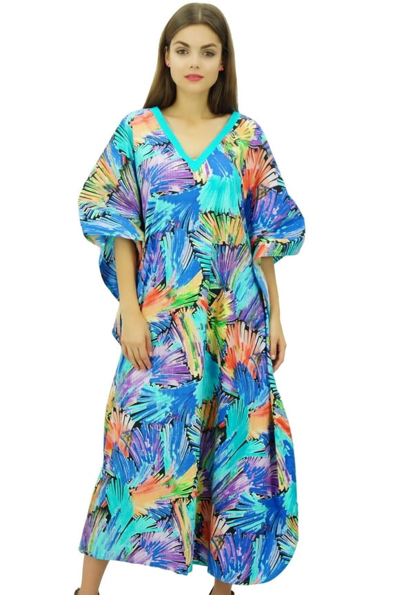 Women's Cotton V Neck Kimono Easy Wear Kaftan Dress Bathing Suit Cover Up Caftan Maxi