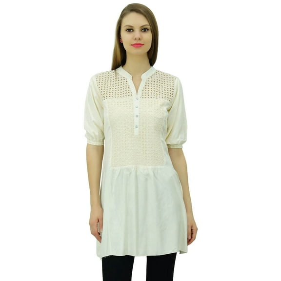 Bimba Women's Cut Work Yoke Tunic Puff Sleeve Short Kurti Summer Casual Blouse
