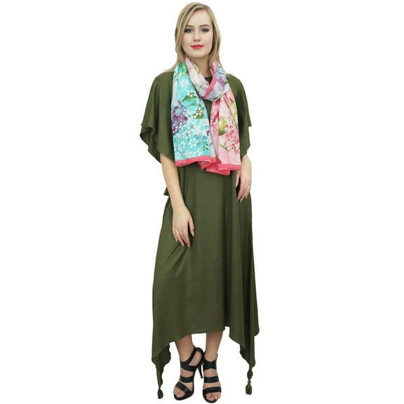 Bimba Women's Dark Olive Green Asymmetrical Hem Maxi Dress With Scarf Dresses-8