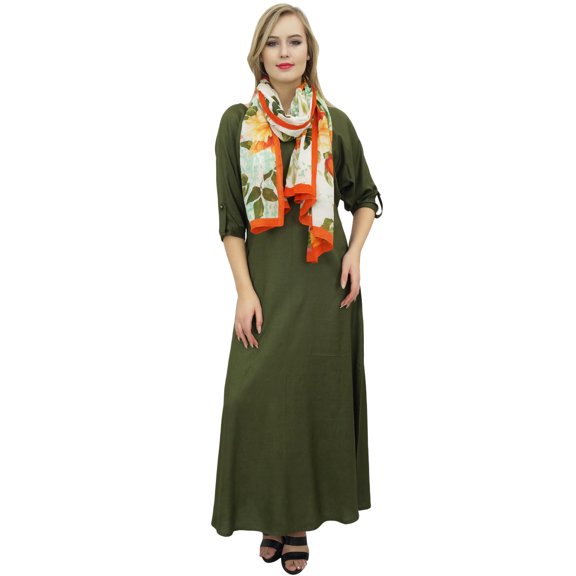 Bimba Women's Dark Olive Green Boho Maxi Dress With Scarf Resort Summer Wear-20