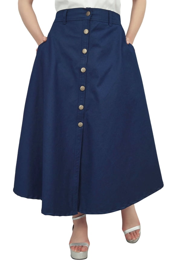 Women's Denim A-line Elastic Waist Designer Skirt With Front Button-S