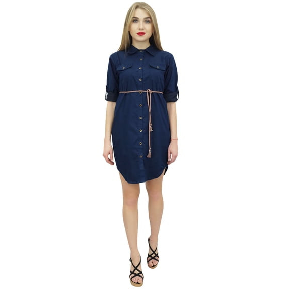 Bimba Women's Denim Short Dress Dark Blue Shirt Classic Collar Neck Dresses - 8