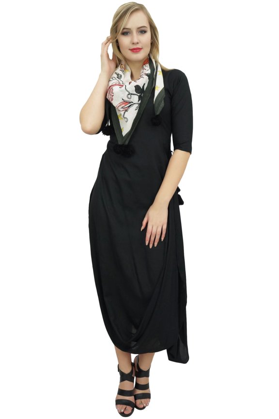 Women's Designer Black Cowl Drape Maxi Dress With Printed Tassel Scarf-10