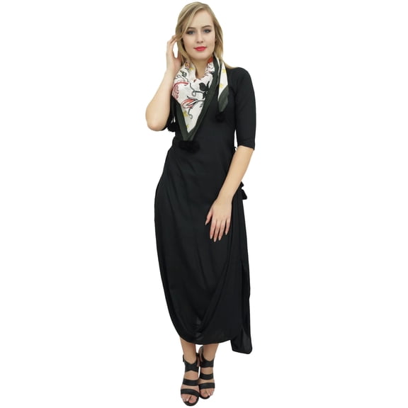 Bimba Women's Designer Black Cowl Drape Maxi Dress With Printed Tassel Scarf-4
