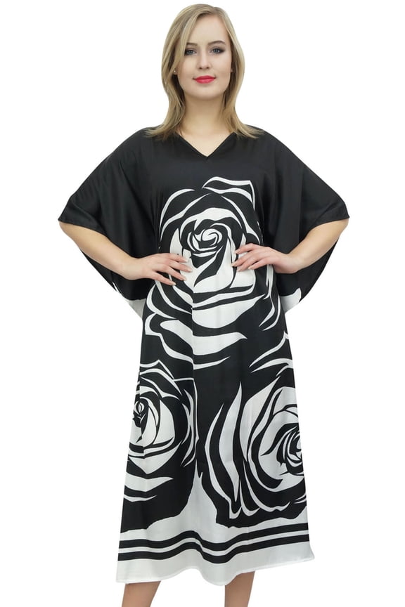 Women's Designer Floral Printed Satin Long Kaftan Kimono Maxi Caftan-8