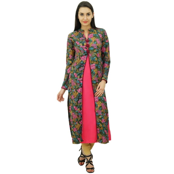 Bimba Women's Designer Floral Winter Tunic Indian Kurta Long Straight Kurti Full Sleeve