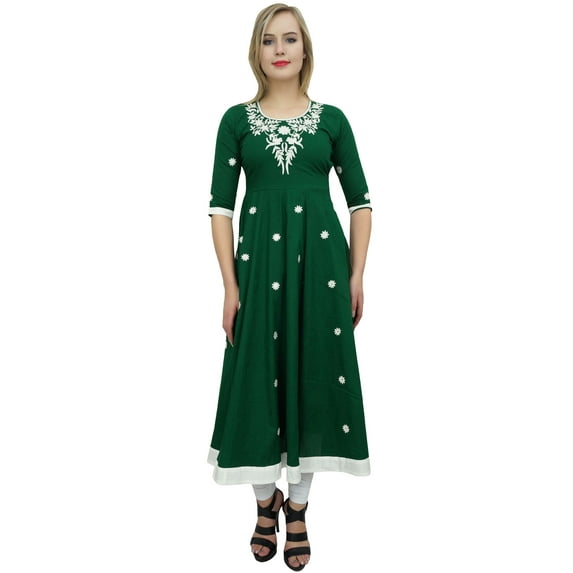 Bimba Women's Designer Green Tunic Cotton Embroidered Anarkali Kurti Dress-10