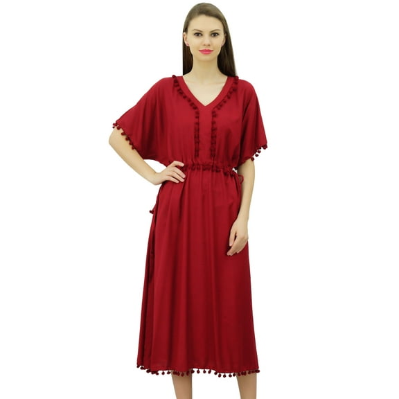Bimba Women's Designer Kaftan With Pom Pom Kimono Sleeve Long Maxi Coverup