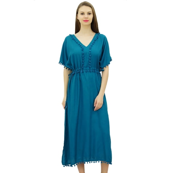 Bimba Women's Designer Kaftan With Pom Pom Kimono Sleeve Long Maxi Coverup