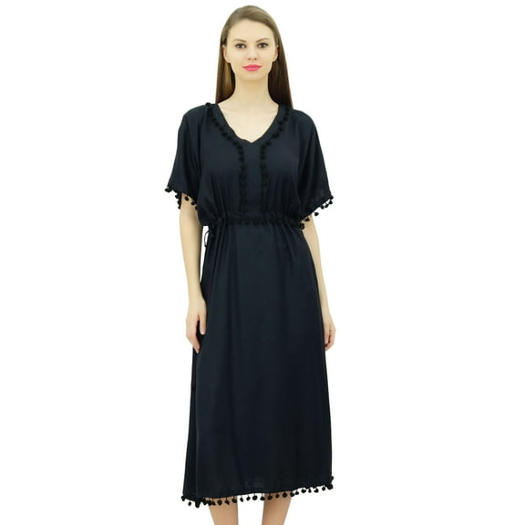 Bimba Women's Designer Kaftan With Pom Pom Kimono Sleeve Long Maxi Coverup