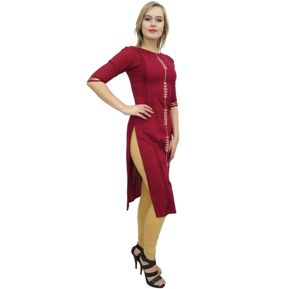 Bimba Women's Designer Rayon Maroon Kurti Embroidered Indian Tunic Kurta-14