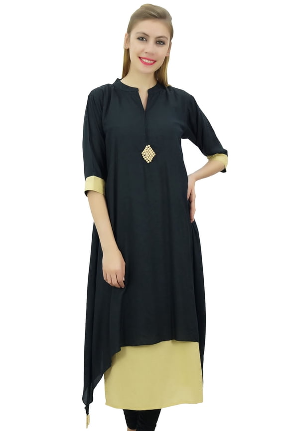 Women's Double Layer Black & Beige A-Line Asymmetrical Hem Cut Kurta-20