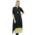 thumbnail image 1 of Bimba Women's Double Layer Black & Beige A-Line Asymmetrical Hem Cut Kurta-4, 1 of 6