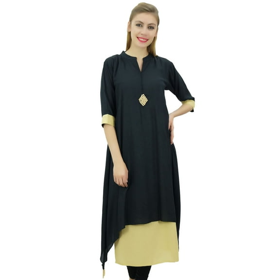 Bimba Women's Double Layer Black & Beige A-Line Asymmetrical Hem Cut Kurta-4