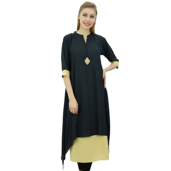 Bimba Women's Double Layer Black & Beige A-Line Asymmetrical Hem Cut Kurta-4