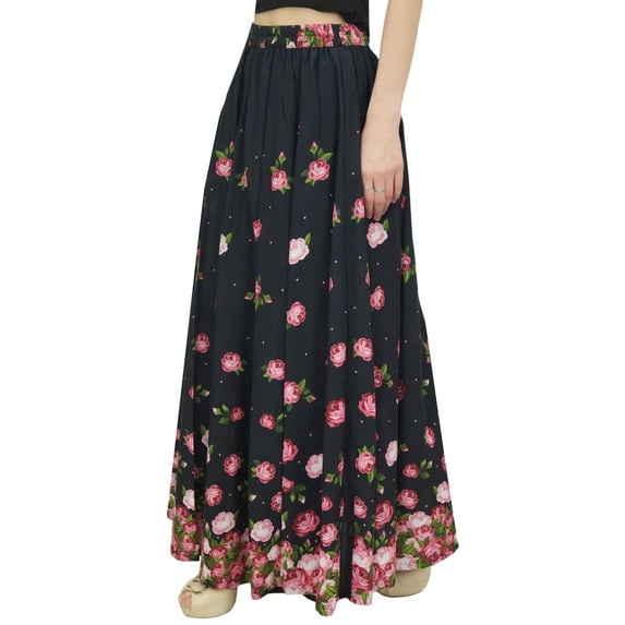 Bimba Women's Elastic Waist Maxi Skirt Black Floral Printed Cotton Skirts-S