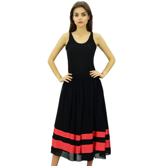 Bimba Women's Elastic Waist Mid-Calf Flared Georgette Skirt Boho Chic Skirt