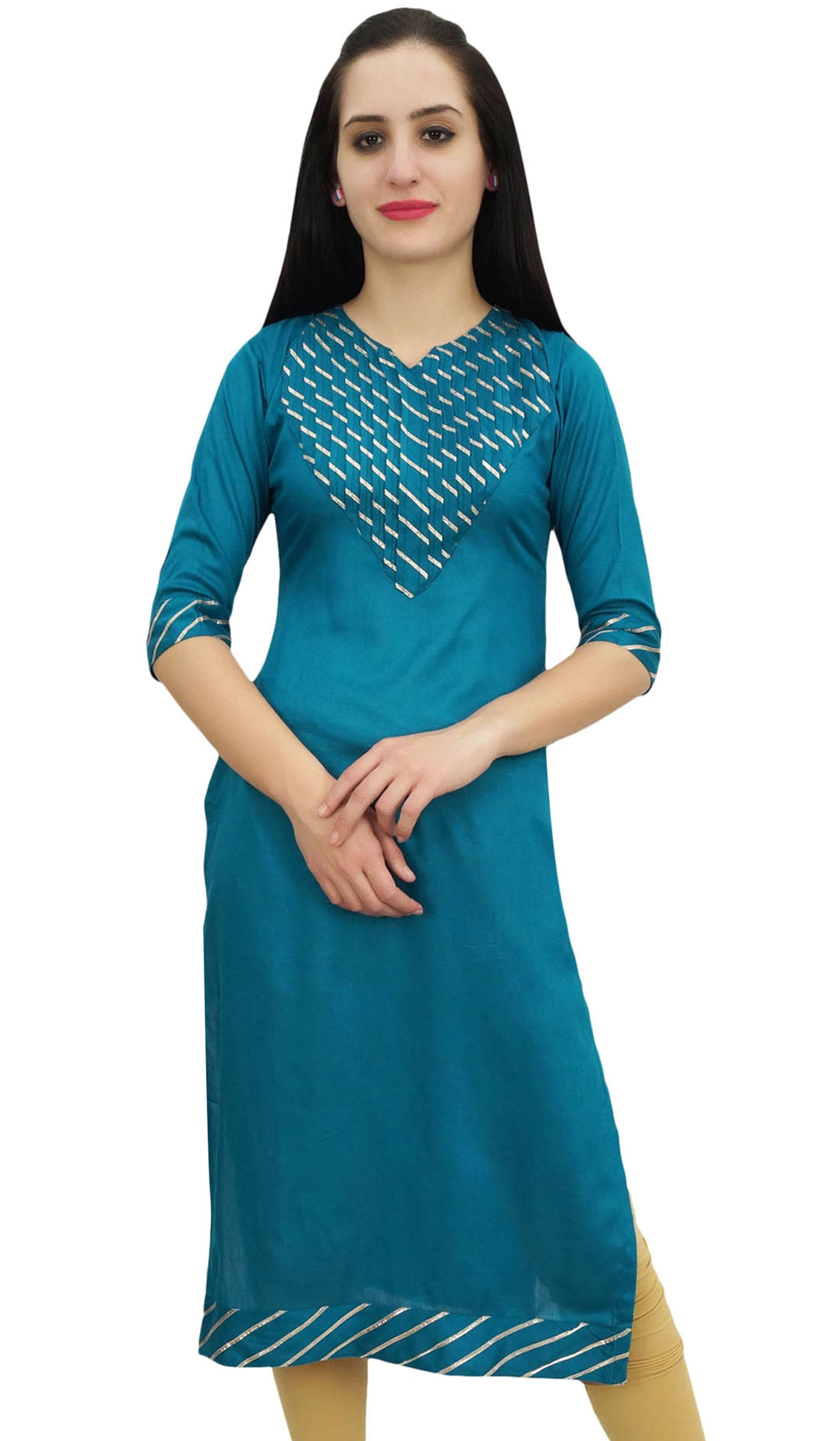 Bimba Women's Teal Blue Rayon Kurta Kurti - Boho Collar Neck Indian Tunic Top