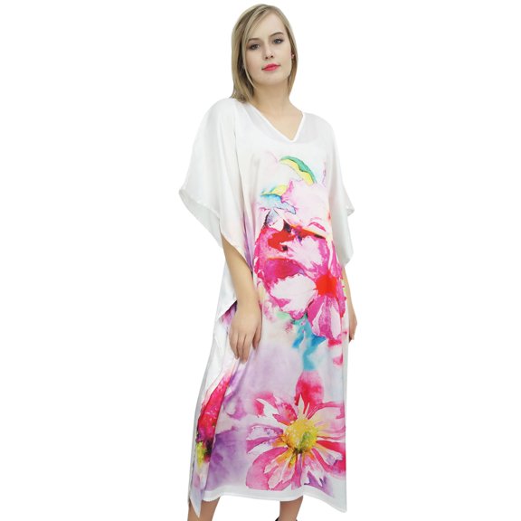 Bimba Women's Exclusive Floral Satin Long Kaftan Dress Designer Maxi Coverup-14