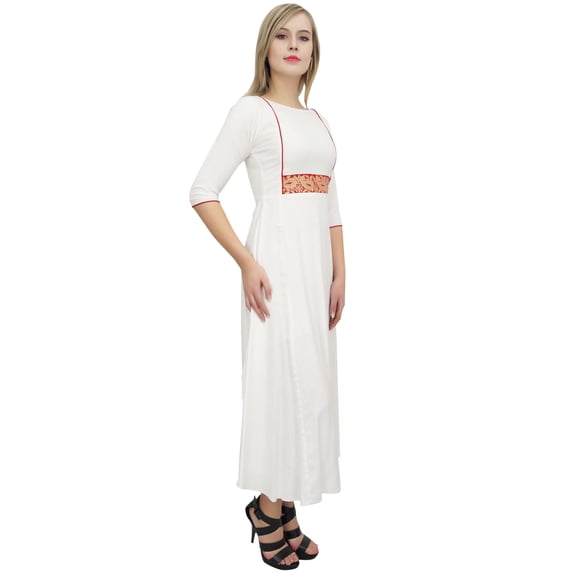 Bimba Women's Exclusive White Dress Zari Embroidered Rayon Long Maxi Dresses-20
