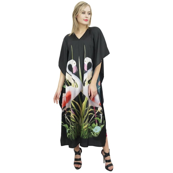 Bimba Women's Flamingo Printed Black Satin Maxi Kaftan Kimono Coverup Caftan-18